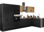 Winkelküche BASIC BY BALCULINA "Turin", schwarz (küche: schwarz, korpus: schwarz matt woodprint, arbeitsplatte: artisan eichefarben), B:360cm H:211cm T:60cm, Komplettküchen-Sets, Küchenzeile, Stellbreite 360x175 cm, wahlweise mit E-Geräten