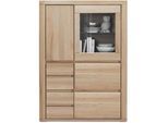 Voleo Highboard , Alteiche , Glas, Holzwerkstoff , Eiche , massiv , 1 Glas + 2 Holz Fächer , 3 Schubladen , 98x140x38 cm , Typenauswahl, Beimöbel erhältlich, stehend , Wohnzimmer, Wohnwände, Wohnwand-Serien