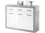 Kommode HBZ "Stone 2 weiß Glanz, BxHxT 117x88x37 cm", weiß (weiß, beton), B:117cm H:88cm T:37cm, Holzwerkstoff, Sideboards, Kommode mit 3 Türen, 3 Schubkästen, 2 Einlegeböden