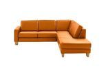Valdera Ecksofa , Orange , Leder , Echtleder , Semi-Anilinleder , Buche , furniert , Ottomane rechts, L-Form , 257x235 cm , Goldenes M , Typenauswahl, Fußauswahl, Lederauswahl, Stoffauswahl, Armteilvarianten, Sitzqualitäten, seitenverkehrt erhältlich, Hocker erhältlich, individuell planbar , Wohnzimmer, Sofas & Couches, Wohnlandschaften, Ecksofas