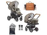 Gesslein Kinderwagenset , Weiß, Olivgrün, Cognac , Textil , 57x129x100 cm , EN 1888, UV 50+, Made in Germany , Feststellbremse, Federung, kugelgelagerte Räder, für Babyschale geeignet, Griff in Lederoptik, Reflektorstreifen,5-Punkt-Gurt, Gurtschoner, Schutzbügel abnehmbar, Verdeck abnehmbar, Sichtfenster, Sitz umsetzbar,Matratze, Bezug abnehmbar und waschbar , Baby On Tour, Kinderwagen, Kombikinde