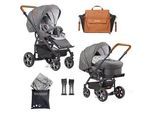 Gesslein Kinderwagenset , Weiß, Hellgrau, Dunkelgrau , Textil , 58x112x110 cm , Feststellbremse, Federung, für Babyschale geeignet, Griff in Lederoptik, Sitz umsetzbar,5-Punkt-Gurt, Gurtschoner, Schutzbügel abnehmbar, Sitzverkleinerer, Sitz umsetzbar , Baby On Tour, Kinderwagen, Kombikinderwagen