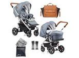 Gesslein Kinderwagenset , Weiß, Hellblau, Cognac , Textil , 57x129x100 cm , EN 1888, UV 50+, Made in Germany , Feststellbremse, Federung, kugelgelagerte Räder, für Babyschale geeignet, Griff in Lederoptik, Reflektorstreifen,5-Punkt-Gurt, Gurtschoner, Schutzbügel abnehmbar, Verdeck abnehmbar, Sichtfenster, Sitz umsetzbar,Matratze, Bezug abnehmbar und waschbar , Baby On Tour, Kinderwagen, Kombikinde