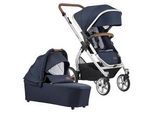 Gesslein Kinderwagenset , Braun, Dunkelblau , Textil , 4-teilig , 57x129x100 cm , EN 1888, UV 50+, Made in Germany , Feststellbremse, Federung, kugelgelagerte Räder, für Babyschale geeignet, Griff in Lederoptik, Reflektorstreifen,5-Punkt-Gurt, Gurtschoner, Schutzbügel abnehmbar, Verdeck abnehmbar, Sichtfenster, Sitz umsetzbar,Matratze, zusammenklappbar, Bezug abnehmbar und waschbar , Baby On Tour,