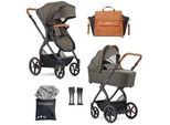 Gesslein Kinderwagenset , Olivgrün, Cognac , Textil , 57x129x100 cm , EN 1888, UV 50+, Made in Germany , Feststellbremse, Fußstütze abklappbar, Federung, kugelgelagerte Räder, für Babyschale geeignet, Griff in Lederoptik, Reflektorstreifen,5-Punkt-Gurt, Gurtschoner, Schutzbügel abnehmbar, Verdeck abnehmbar, Sichtfenster, Sitz umsetzbar,Matratze, zusammenklappbar, Bezug abnehmbar und waschbar , Bab