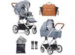 Gesslein Kinderwagenset , Blau, Weiß, Cognac , Textil , 57x129x100 cm , EN 1888, UV 50+, Made in Germany , Feststellbremse, Federung, kugelgelagerte Räder, für Babyschale geeignet, Griff in Lederoptik, Reflektorstreifen,5-Punkt-Gurt, Gurtschoner, Schutzbügel abnehmbar, Verdeck abnehmbar, Sichtfenster, Sitz umsetzbar,Matratze, zusammenklappbar, Bezug abnehmbar und waschbar , Baby On Tour, Kinderwag