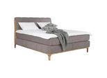 Mid.you Boxspringbett , Taupe , Textil , Eiche, Buche, Eiche , massiv, teilmassiv , H2 , Höhe ca. 20 cm , 180x200 cm , Fsc , gepolstertes Kopfteil, Stoffauswahl, Topper durchgehend, in verschiedenen Größen erhältlich, Partnermatratze mit durchgehendem Bezug, sichtbare Massivholzteile, Härtegradauswahl , Holzmöbel, Holzbetten, Boxspringbetten Holz