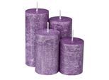 Rustikale Kerzen, lila-metallic, abgestuft, 4 Stück