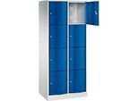 C+P Schliessfachschrank Resisto, 2 Abteile, 8 Fächer, B 772 x T 540 x H 1950 mm, Lichtgrau/Enzianblau