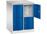 C+P Schliessfachschrank Resisto, 2 Abteile, 4 Fächer, B 772 x T 640 x H 1077 mm, Lichtgrau/Enzianblau