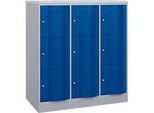 C+P Schliessfachschrank Resisto, 3 Abteile, 9 Fächer, B 1148 x T 640 x H 1255 mm, Weissalu/Enzianblau