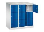 C+P Schliessfachschrank Resisto, 3 Abteile, 9 Fächer, B 1148 x T 640 x H 1255 mm, Lichtgrau/Enzianblau