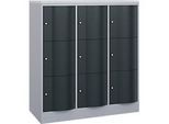 C+P Schliessfachschrank Resisto, 3 Abteile, 9 Fächer, B 1148 x T 540 x H 1255 mm, Weissalu/Anthrazitgrau