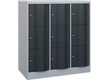 C+P Schliessfachschrank Resisto, 3 Abteile, 9 Fächer, B 1148 x T 640 x H 1255 mm, Weissalu/Anthrazitgrau