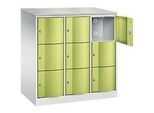 C+P Schliessfachschrank Resisto, 3 Abteile, 9 Fächer, B 1148 x T 640 x H 1255 mm, Lichtgrau/Clowngrün