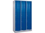 C+P Schliessfachschrank Resisto, 3 Abteile, 15 Fächer, B 1148 x T 540 x H 1950 mm, Weissalu/Enzianblau