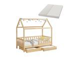 Juskys Kinderbett Marli 80 x 160 cm mit Matratze, Bettkasten, Gitter, Lattenrost & Dach - Bett Natur