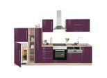 Küchenzeile KOCHSTATION "KS-Samos", lila (küche: lila, front: aubergine hochglanz, korpus: eiche sonoma, arbeitsplatte: eiche sonoma), B:340cm H:200cm T:60cm, Komplettküchen-Sets, Küchenzeile, Breite 340 cm, wahlweise mit E-Geräten, mit Arbeitsplatte