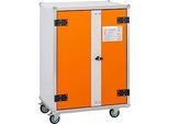 CEMO Akku-Ladeschrank Premium 8/10, 3-phasig, LockEX Türverriegelung, strombetriebener Rauchmelder, akustischer Alarm, belüftet, auf Rollen, B 950 x T 660 x H 1150 mm, lichtgrau/reinorange
