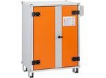 CEMO Akku-Ladeschrank Premium Plus 8/10, 1-phasig, Innenraumtemperatur-Anzeige, LockEX Türverriegelung, strombetriebener Rauchmelder, akustischer Alarm, belüftet, mit Stapelfüssen, B 890 x T 660 x H 1110 mm, lichtgrau/reinorange
