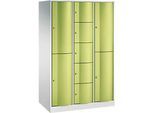 C+P Kombi-Schliessfachschrank Resisto, 3 Abteile, 9 Fächer, B 1148 x T 640 x H 1950 mm, Lichtgrau/Clowngrün