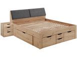 Stauraumbett RELITA "Maxi", braun (eiche artisan), B:185cm H:103,8cm L:237,5cm, Bezug Kopfteil: 100% Polyester, Betten, Stauraumbett, mit Schubladen und Stauraum im Kopfteil