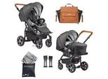 Gesslein Kinderwagenset , Grau, Weiß, Cognac , Textil , 57x129x100 cm , EN 1888, UV 50+, Made in Germany , Feststellbremse, Federung, kugelgelagerte Räder, für Babyschale geeignet, Griff in Lederoptik, Reflektorstreifen,5-Punkt-Gurt, Gurtschoner, Schutzbügel abnehmbar, Verdeck abnehmbar, Sichtfenster, Sitz umsetzbar,Matratze, Bezug abnehmbar und waschbar , Baby On Tour, Kinderwagen, Kombikinderwag