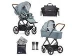Gesslein Kinderwagenset , Braun, Weiß, Petrol, Mintgrün , Textil , 57x129x100 cm , EN 1888, UV 50+, Made in Germany , Feststellbremse, Federung, kugelgelagerte Räder, für Babyschale geeignet, Griff in Lederoptik, Reflektorstreifen,5-Punkt-Gurt, Gurtschoner, Schutzbügel abnehmbar, Verdeck abnehmbar, Sichtfenster, Sitz umsetzbar,Matratze, zusammenklappbar, Bezug abnehmbar und waschbar , Baby On Tour