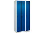 Kleiderspind C+P Evolo Plus, 3 Abteile, Anschlag rechts, Sicherheits-Drehriegel, B 900 x T 500 x H 1850 mm, lichtgrau/enzianblau
