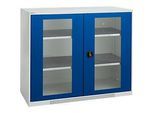 Schäfer Shop Genius Sichttürschrank FS, 3 OH, abschliessbar, 2 Fachböden, bis 450 kg, B 1343 mm, Stahl, lichtgrau RAL 7035/enzianblau RAL 5010