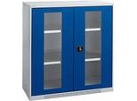 Schäfer Shop Genius Sichttürschrank FS, 3 OH, abschliessbar, 2 Fachböden, bis 450 kg, B 1055 mm, Stahl, weissaluminium RAL 9006/enzianblau RAL 5010