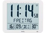 Funkwanduhr AMS "F5886", weiß, Wanduhren, B/H/L: 25cm x 3cm x 21cm, Quarzuhr,mit Alarm,Datum,Wohnzimmer,Esszimmer,Küche,Büro, Flur