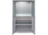 Schäfer Shop Genius Materialschrank FS, 5 OH, abschliessbar, Lochrasterwände/2 Schübe/2 Fachböden, bis 450 kg, B 1055 x T 520 x H 1950 mm, weissalu/weissalu + Gratis Einsatzkastenset-24 tlg.