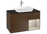 Villeroy und Boch Finion Waschtischunterschrank F782HHGN 100cm, Abdeckplatte black matt, Regale sand matt lacquer, Walnut veneer