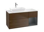 Villeroy und Boch Finion Waschtischunterschrank F811HGGN 120cm, Abdeckplatte white matt, Regale Midnight matt lacquer, Walnut veneer