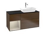 Villeroy und Boch Finion Waschtischunterschrank F802HHGN 120cm, Abdeckplatte black matt, Regale sand matt lacquer, Walnut veneer