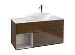 Villeroy und Boch Finion Waschtischunterschrank F941HHGN 120cm, Abdeckplatte white matt, Regale sand matt lacquer, Walnut veneer