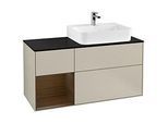 Villeroy und Boch Finion Waschtischunterschrank F142GNHH 120cm, Abdeckplatte Glass Black Matt, Regal links Walnut veneer, Sand Matt Lacquer