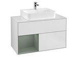 Villeroy und Boch Finion Waschtischunterschrank G111GMMT 100cm, Abdeckplatte white matt, Emotion, Regal links Olive Matt Lacquer, White matt lacquer
