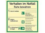 moedel Notfall- und Rettungsschild "Verhalten im Notfall", nach DIN EN ISO 7010, Kunststoff, langnachleuchtend, B 180 x H 180 mm