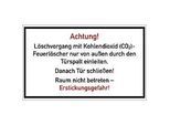 moedel Warnschild „Löschvorgang mit CO2-Feuerlöscher durch Türspalt“, gemäss DGUV 205-034, L 150 x B 250 mm, Folie, weiss-rot-schwarz