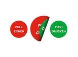 moedel Piktogramm-Aufkleber „Pull Ziehen/Push Drücken“, doppelseitig bedruckt, selbstklebend, Ø 100 mm, Folie, rot-grün