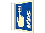 moedel Fahnenschild „Hausalarm/Brandmelder/Flamme“, Leuchtklasse C, 160 mcd/m², bis 14,8 m, L 148 x B 148 mm, Aluminium, blau-weiss