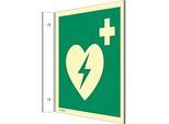 moedel Fahnenschild „Automatischer externer Defibrillator AED“, EN ISO 7010, Leuchtklasse C, 160 mcd/m², bis 20 m, L 200 x B 200 mm, Kunststoff
