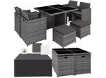 tectake® Rattan Sitzgruppe, mit Aluminiumgestell, wetterfest und UV-beständig, 2 Bezugssets, zusammenschiebbar, inklusive Schutzhülle