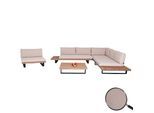 Garten-Garnitur mit Sessel MCW-H54, Lounge-Set Sofa, Spun Poly Akazie Holz MVG Aluminium ~ hellbraun, Polster beige