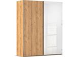 Schwebetürenschrank RAUCH "Kleiderschrank Schrank Garderobe Schlafzimmerschrank SCALE-WOOD", weiß (asteiche massiv, glas kristallweiß), B:181cm H:223cm T:68cm, Holz teilmassiv, Schränke, Schwebetürenschrank, edle geteilte Front in massiver Asteiche mit Glastüren MADE IN GERMANY