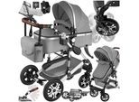 tectake® Kombi-Kinderwagen, 2 in 1, klappbar, mit 5-Punkt-Gurt, Bremse, Schutzbügel und Handschlaufe, pulverbeschichteter Aluminiumrahmen, pflegeleichter Stoffbezug, für 0 bis 36 Monate geeignet, Belastbarkeit 15 kg