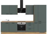 Küchenzeile NOBILIA ""Easytouch II"", grün (front: lacklaminat mineralgrün ultramatt, korpus: eiche sierra nachbildung, arbeitsplatte: eiche sierra nachbildung), B:330,3cm H:216,6cm T:60cm, Komplettküchen-Sets, vormontiert, Ausrichtung wählbar, Breite 330 cm, wahlw. mit E-Geräten