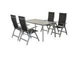 Gardenson Gartenset , Schwarz, Silberfarben , Metall, Textil , 5-teilig , Uni , Stuhl klappbar, Tisch mit Glasplatte, Rückenlehne mehrfach verstellbar , Gartenmöbel, Gartengarnituren